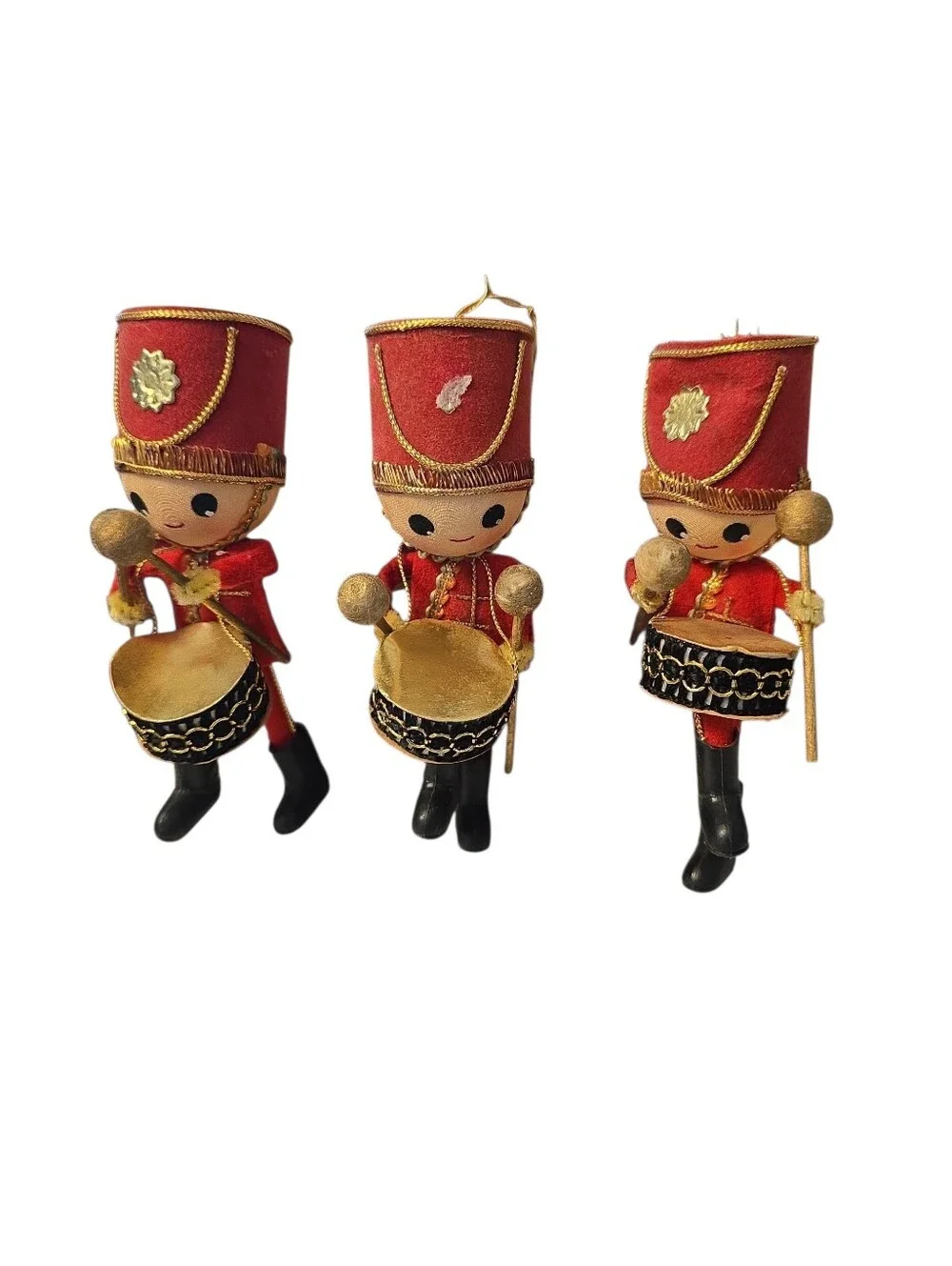 3 Vintage Drummer Toy Soldiers Handmade 1960s Red Christmas Ornament 5
